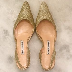 Manolo Blahnik Gold Glitter D'Orsay Pumps 38